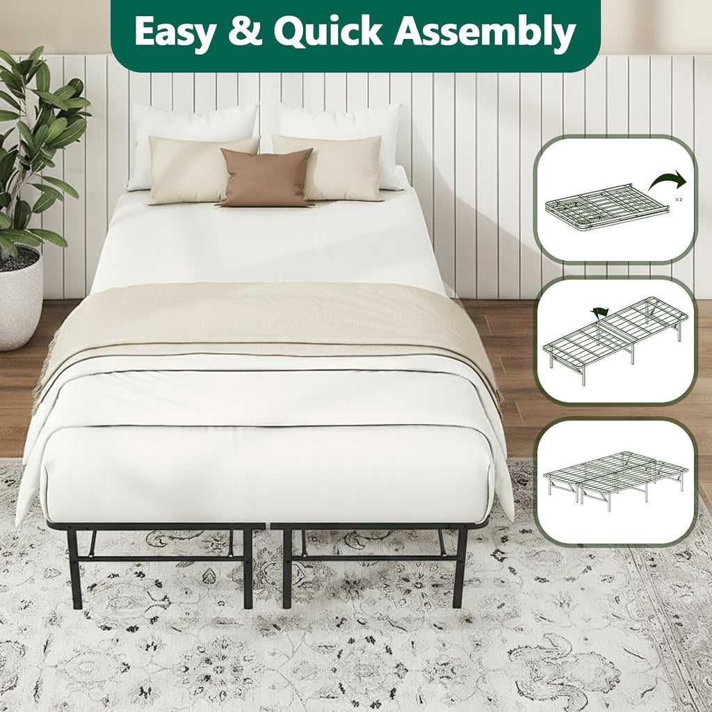 Full Size Folding Bed Frame, Heavy Duty Full Metal Platform with 14" Underbed Storage, Easy Tool-Free Assembly, No Box Spring Needed