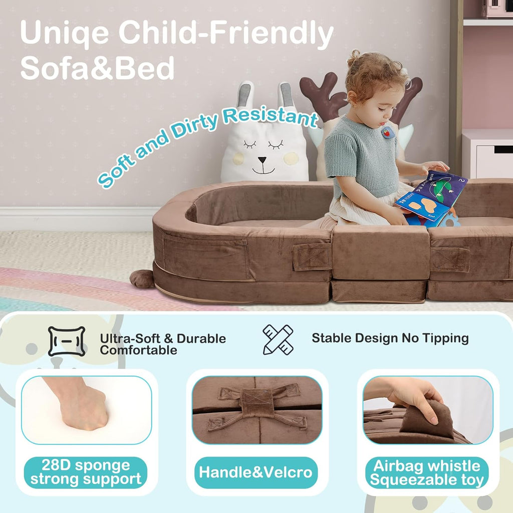 Toddler Travel Bed,Foldable&Portable Baby Cot for Kids with Removable Pillow,200GSM Dutch Fleece &28D High-Density Sponge,Bear-Shaped 2-in-1Design for Naps,Lounger,and Little Sofa at Home or Travel
