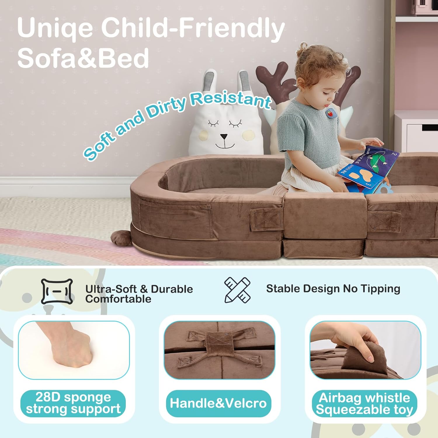 Toddler Travel Bed,Foldable&Portable Baby Cot for Kids with Removable Pillow,200GSM Dutch Fleece &28D High-Density Sponge,Bear-Shaped 2-in-1Design for Naps,Lounger,and Little Sofa at Home or Travel