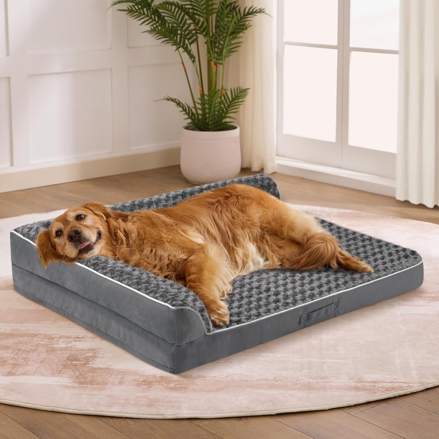 Dog Beds Large Sized Dogs, XL Orthopedic Dog Beds for Large Dogs 42"x30"x7.5", Waterproof Pet Bed with Washable Cover, L-Shaped Pet Couch with Portable Handle, Grey