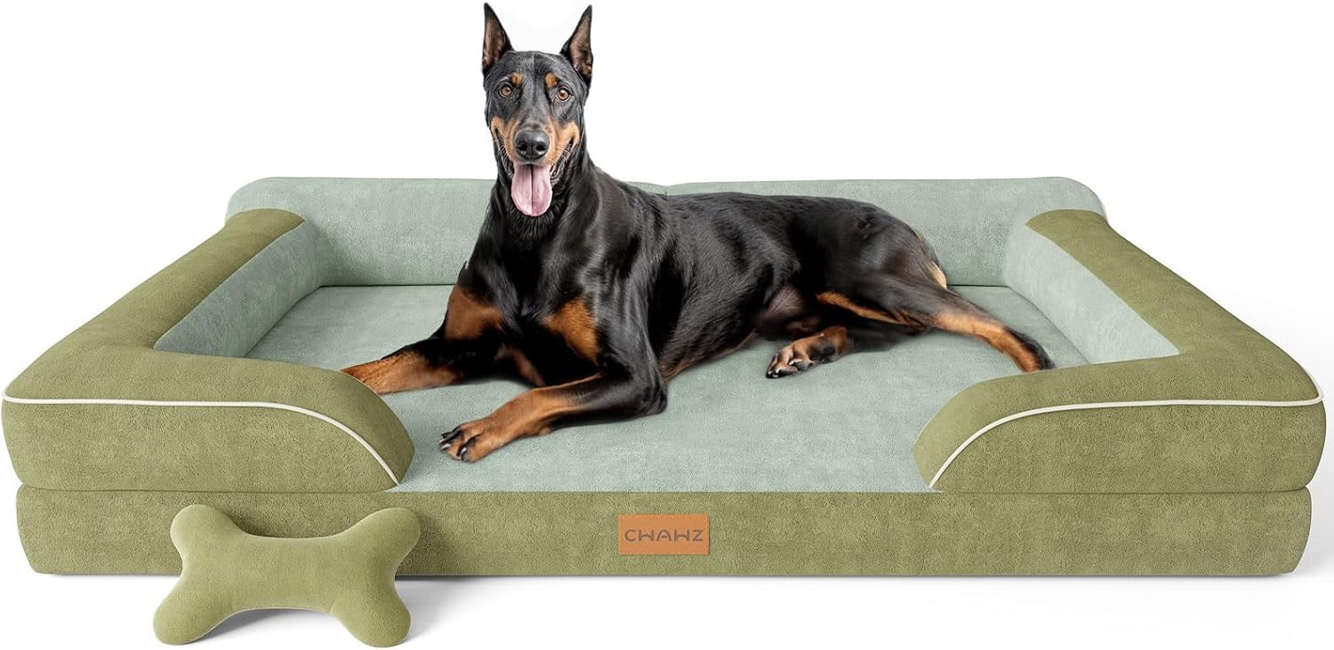 Extra Large Dog Bed, Orthopedic Dog Bed with Cooling Gel Memory Foam, Waterproof XL Pet Bed with Removable Washable Cover, 42" Pet Sofa Couch Dutch Velvet with Bone Toy, Light Gray