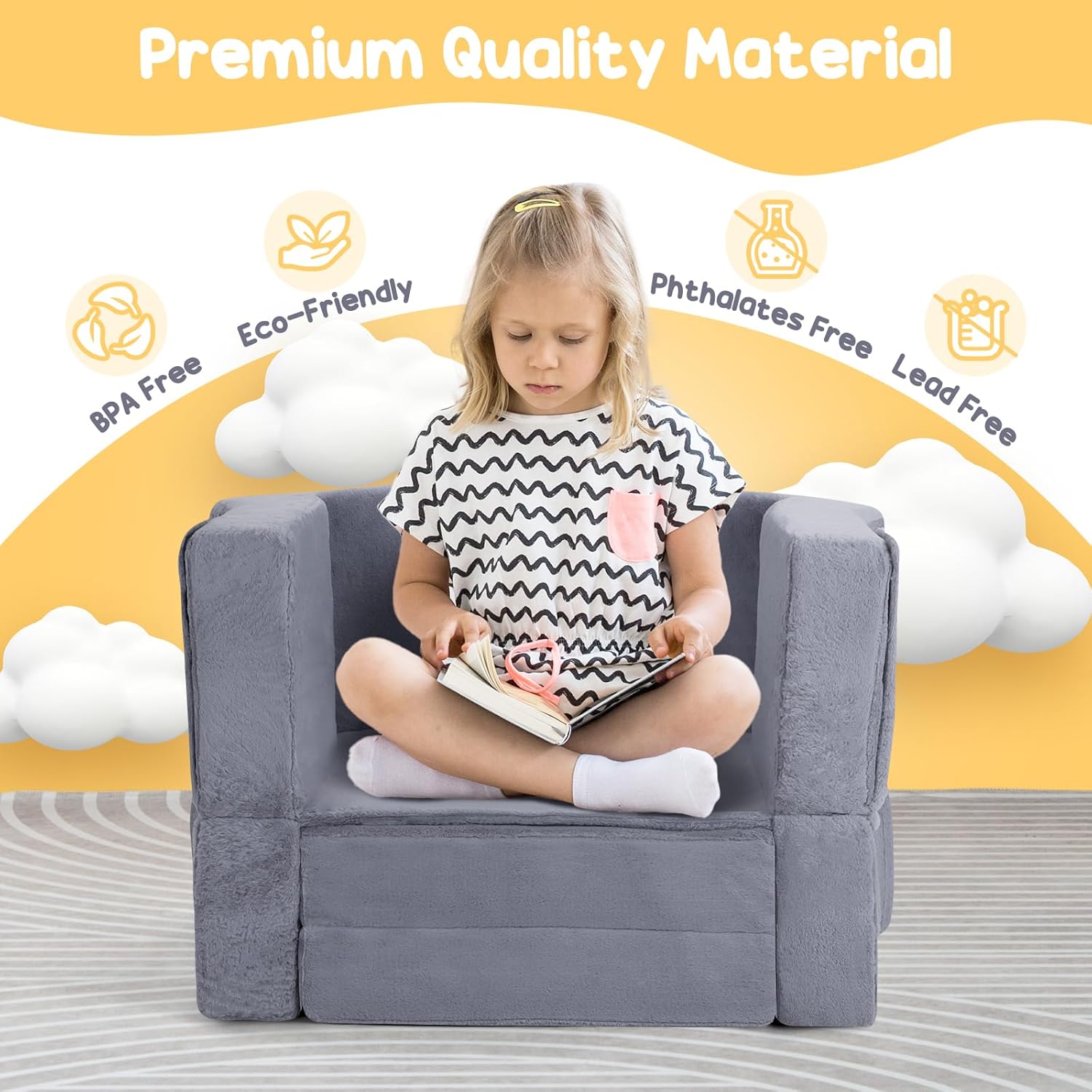 Portable Toddler Travel Bed, 2-in-1 Foldable Toddler Bed Sofa Chair, Soft Baby Kids Travel Floor Cot with Washable Covers Safety Foam Raised Bumper for Grandma's House Road Trips Camping Hotel