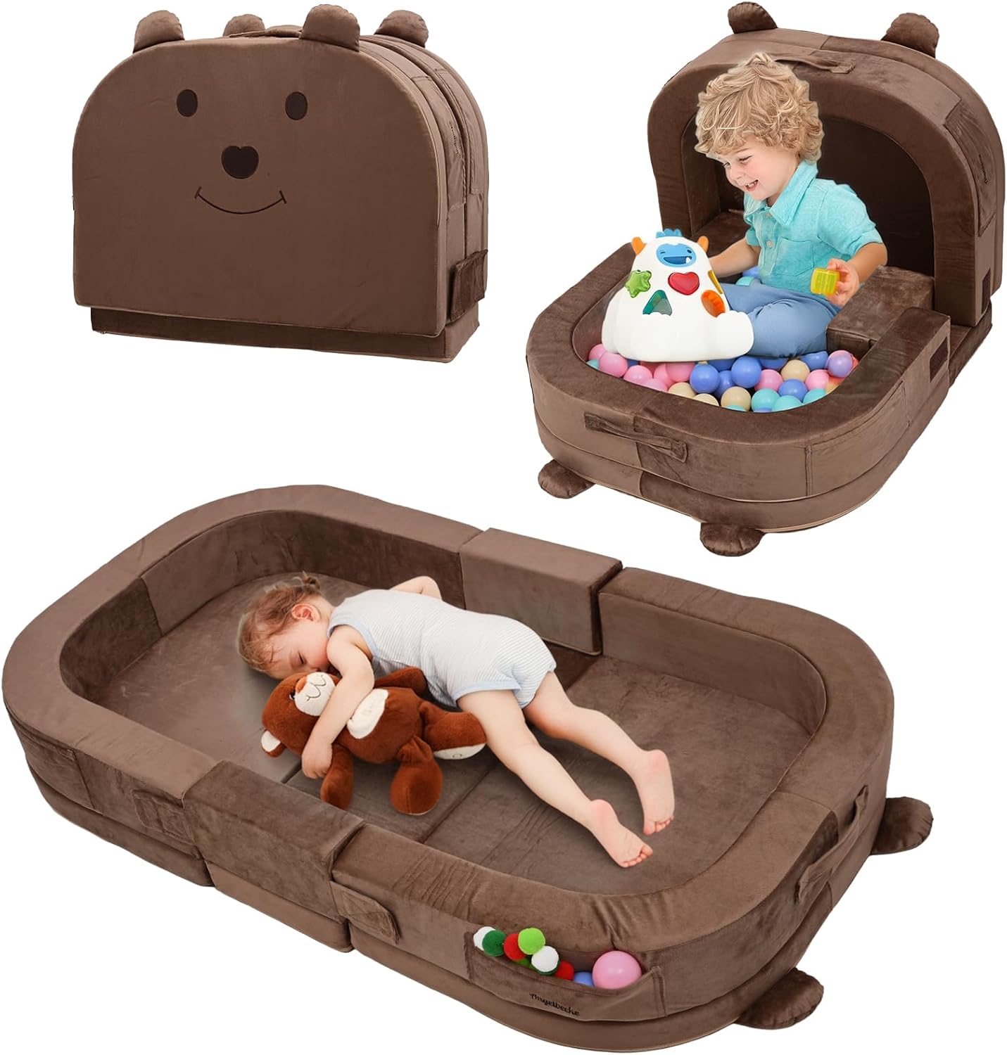 Toddler Travel Bed,Foldable&Portable Baby Cot for Kids with Removable Pillow,200GSM Dutch Fleece &28D High-Density Sponge,Bear-Shaped 2-in-1Design for Naps,Lounger,and Little Sofa at Home or Travel