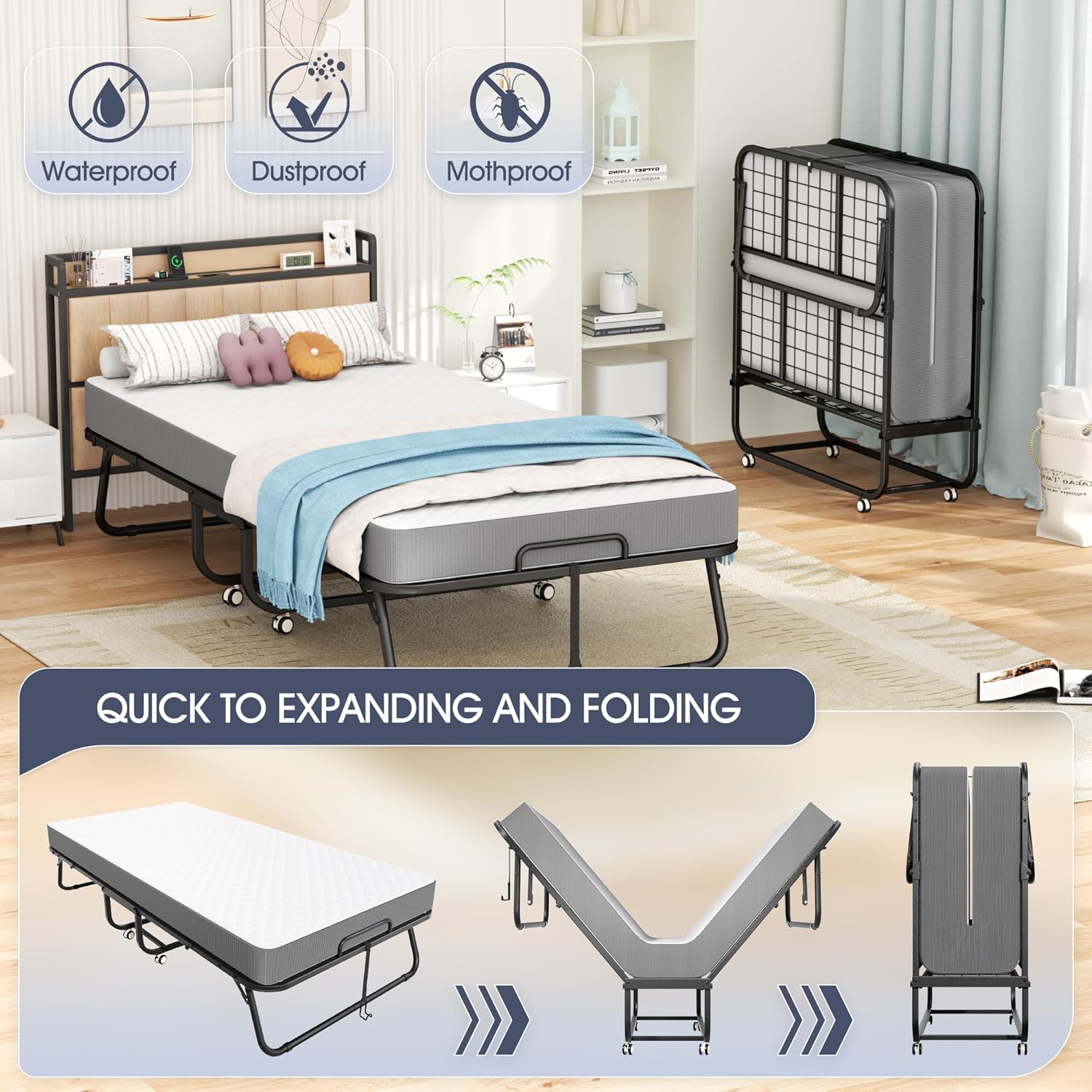 INTERGREAT Folding Bed, 75" x 31"Cot Size Portable Folding Beds for Adults, Metal Foldable Bed on Wheels for Guest, Space Saving Roll Away Beds for Easy Storage