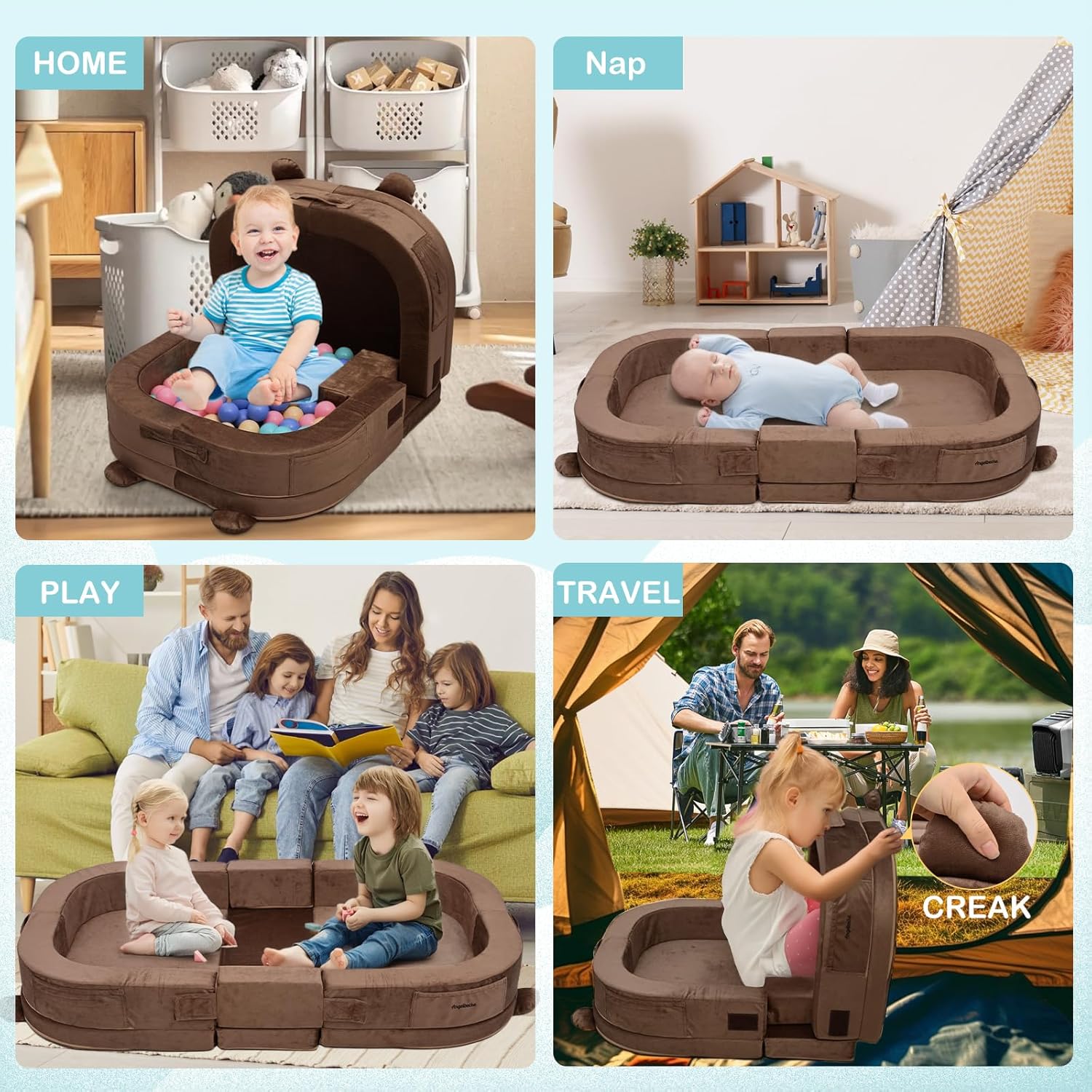 Toddler Travel Bed,Foldable&Portable Baby Cot for Kids with Removable Pillow,200GSM Dutch Fleece &28D High-Density Sponge,Bear-Shaped 2-in-1Design for Naps,Lounger,and Little Sofa at Home or Travel