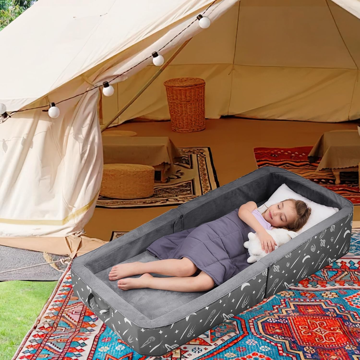 JOYWOO Toddler Floor Bed, Toddler Travel Bed for 3-6, Foldable Portable Toddlers Beds for Home/Playing/Nap/Hotel, Kids Floor Crib with Washable Cloth Cover, Toddlers Cots for Kids Sleeping, Charcoal