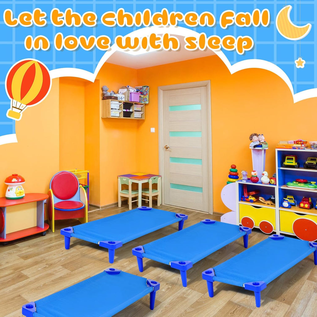 4 Pcs Stackable Daycare Cots for Toddler 54" l x 23" W Kids Cots for Sleeping Portable Kids Bed Furniture Bed Frames Headboards Footboards for Classroom Preschool (Blue)