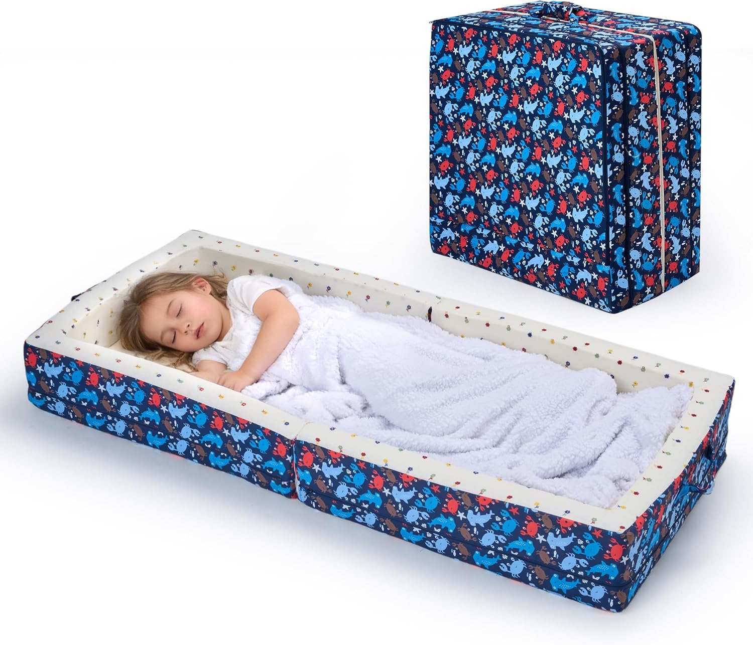Portable Foldable Toddler Travel Bed – Air Layer Fabric Soft Foam Floor Crib with Safety Rails, No Assembly, Washable Cover, Compact Kids Sleep Solution for Home, Trips & Daycare, Cream