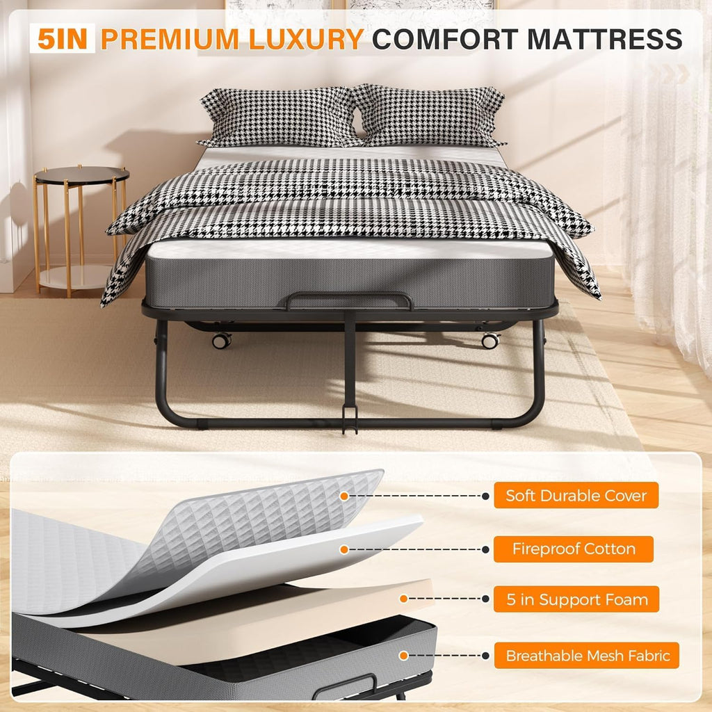 75" x 38" Twin Folding Bed with 5" Memory Foam Mattress – Foldable Rollaway Guest Bed with Wheels & Metal Frame, Portable for Apartments, Adults, and Home Use