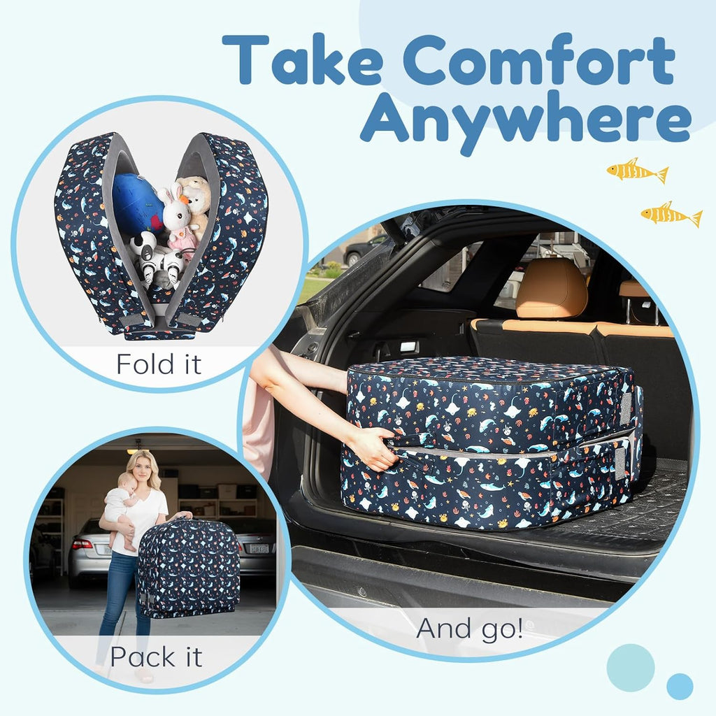 ENITYA Toddler Travel Bed, 2-in-1 Foldable Floor Bed for Kids Naps or Sleep,Built-in Soft Foam Safety Bumper,Easy to Install,Portable Mattress with Washable Cover for Home, Trips & Sleepovers,Grey