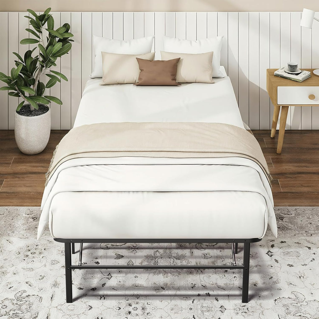 Foldable Heavy Duty Twin Bed Frames, Noise Free Metal Bed Frame with 14" Storage, Easy Tool-Free Assembly, No Box Spring Needed,Black