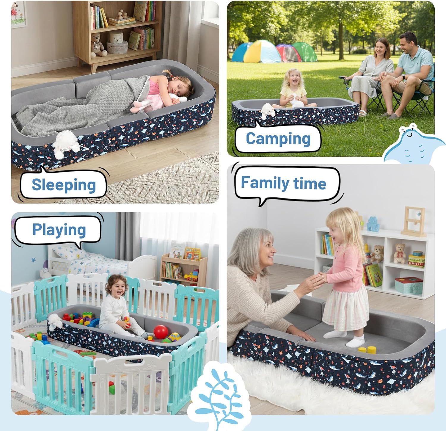 ENITYA Toddler Travel Bed, 2-in-1 Foldable Floor Bed for Kids Naps or Sleep,Built-in Soft Foam Safety Bumper,Easy to Install,Portable Mattress with Washable Cover for Home, Trips & Sleepovers,Grey