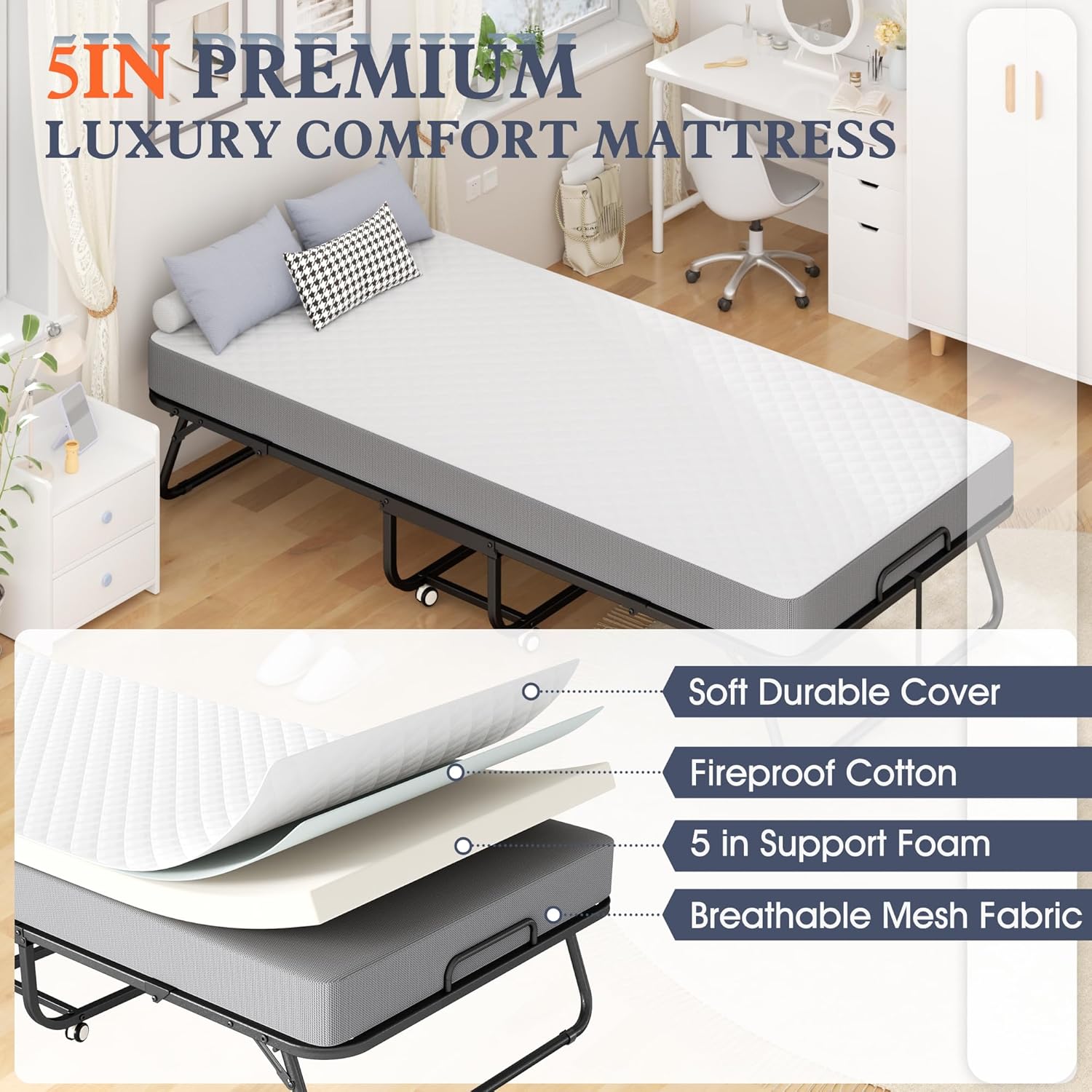 INTERGREAT Folding Bed, 75" x 31"Cot Size Portable Folding Beds for Adults, Metal Foldable Bed on Wheels for Guest, Space Saving Roll Away Beds for Easy Storage