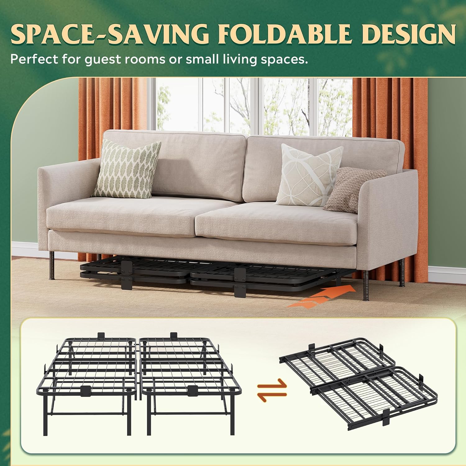 WLIVE Foldable Queen Bed Frames, Metal Platform Bed Frame Queen Size with Heavy Duty Steel Slats, No Box Spring Needed, Easy Assembly, No Noise, Black