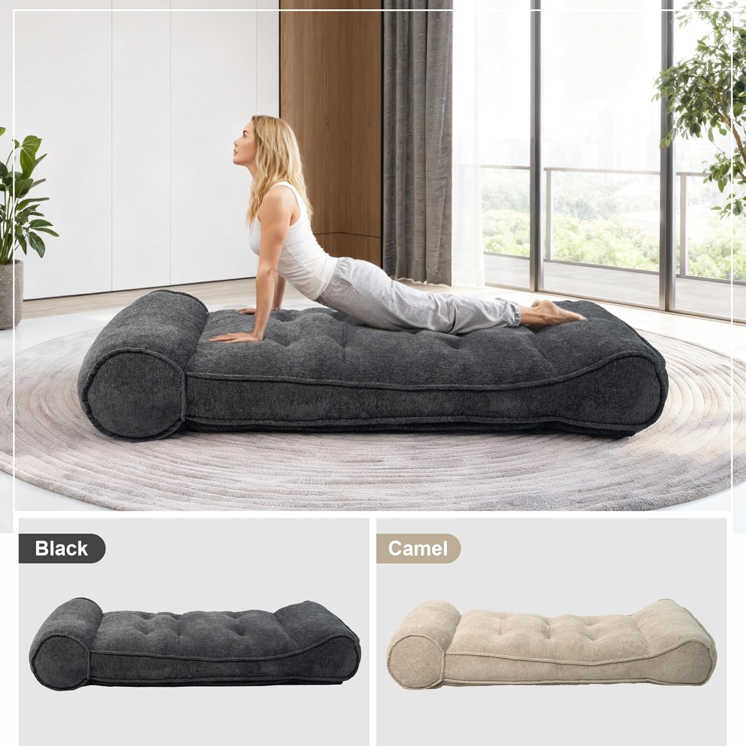 Lazy Floor Bed 83" – Cloud-Like Boneless Lounge Chair Indoor, Extra Comfy Floor Lounger, Plush Futon Chair Bed for Yoga, Meditation, Naps, Bedroom Use, Human Dog Bed (Boneless, Black)