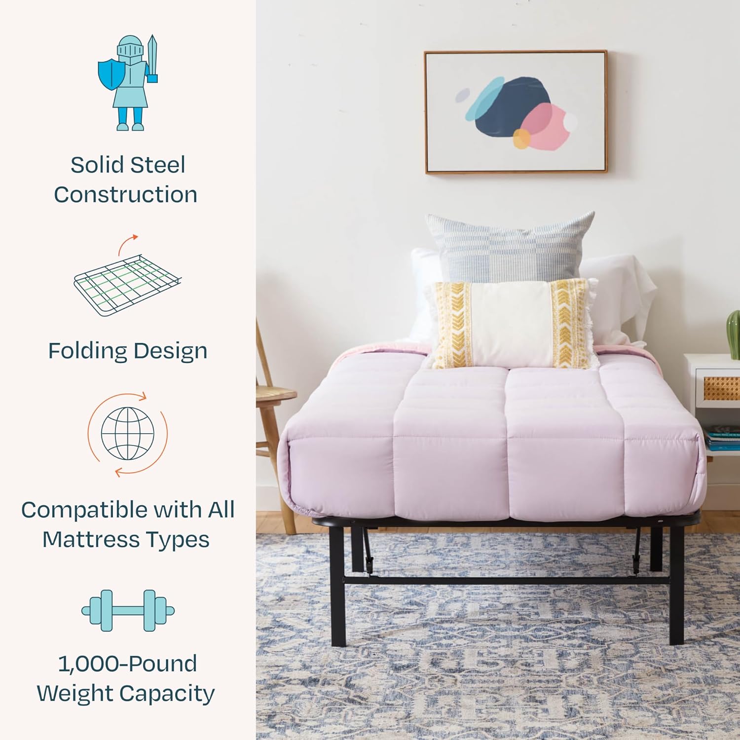 Linenspa Folding Metal Platform Bed Frame - No Box Spring Needed - Underbed Storage - Simple Toolless Assembly - Mattress Foundation - 14" High - Traditional Design - Sturdy Steel - Twin Size