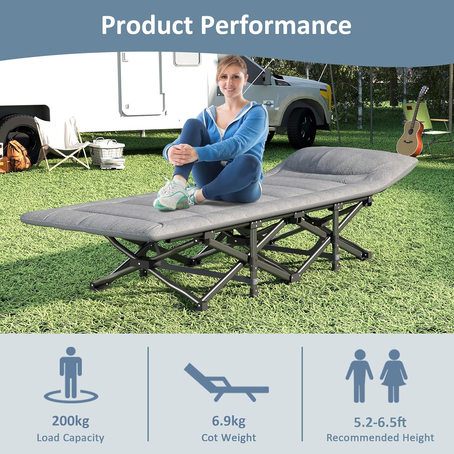 Camping Cot, Folding Cot Bed for Adults with Built-in Mattress and Pillow, Portable Outdoor Sleeping Cot for Camping and Travel, with Carry Bag, Grey, Max Load 450 LBS