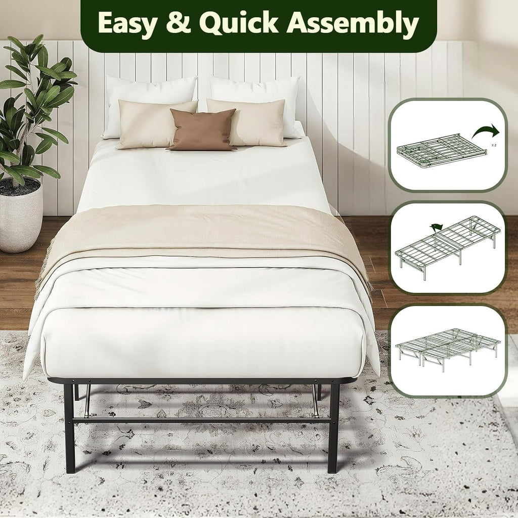 Foldable Heavy Duty Twin Bed Frames, Noise Free Metal Bed Frame with 14" Storage, Easy Tool-Free Assembly, No Box Spring Needed,Black