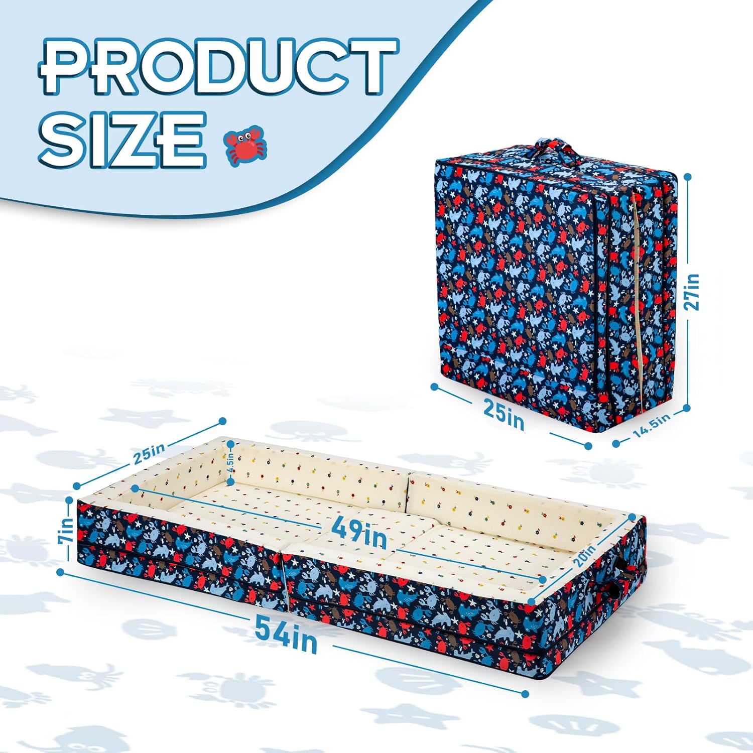 100% Cotton Lining Portable Foldable Toddler Travel Bed - Soft Foam Floor Bed with Washable Cover, Safe and Comfortable Toddler Crib, Ocean Blue