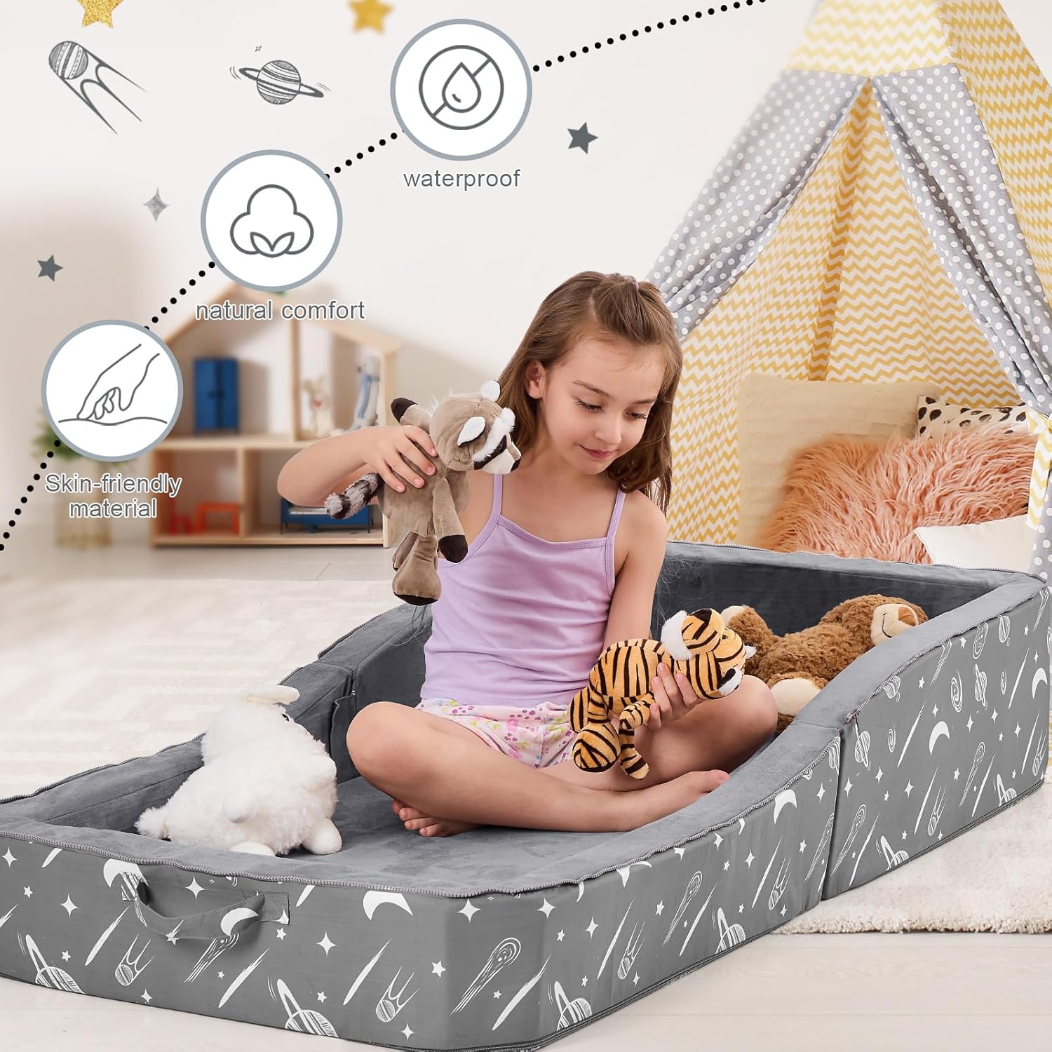 JOYWOO Toddler Floor Bed, Toddler Travel Bed for 3-6, Foldable Portable Toddlers Beds for Home/Playing/Nap/Hotel, Kids Floor Crib with Washable Cloth Cover, Toddlers Cots for Kids Sleeping, Charcoal