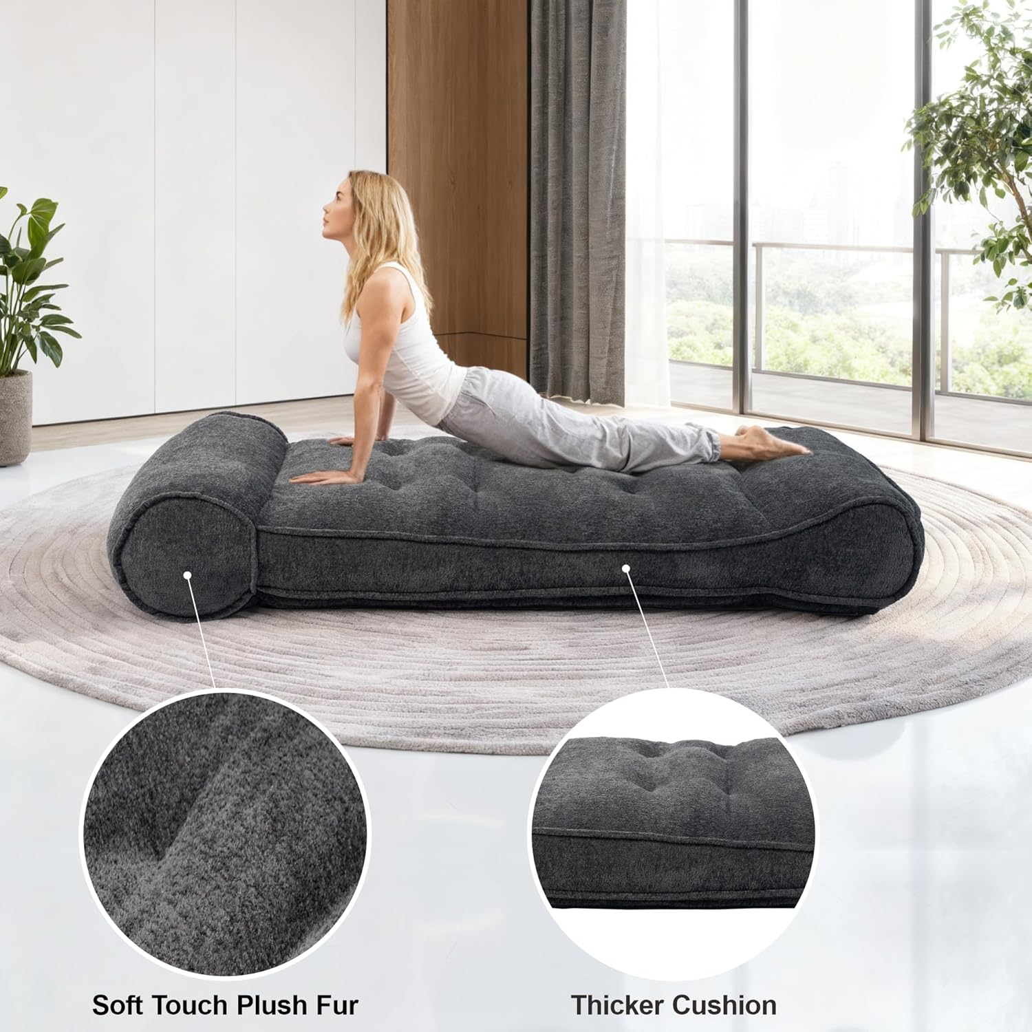 Lazy Floor Bed 83" – Cloud-Like Boneless Lounge Chair Indoor, Extra Comfy Floor Lounger, Plush Futon Chair Bed for Yoga, Meditation, Naps, Bedroom Use, Human Dog Bed (Boneless, Black)