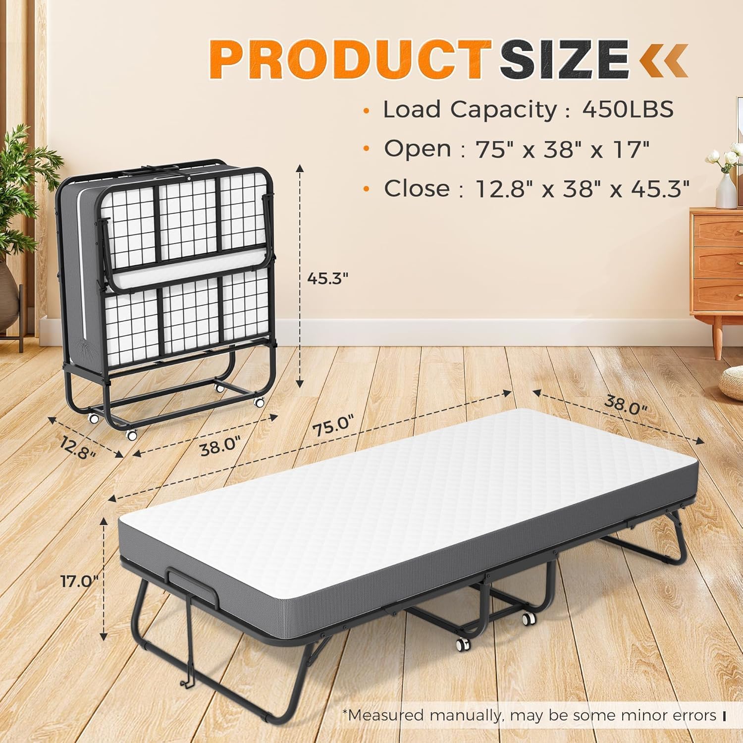 75" x 38" Twin Folding Bed with 5" Memory Foam Mattress – Foldable Rollaway Guest Bed with Wheels & Metal Frame, Portable for Apartments, Adults, and Home Use