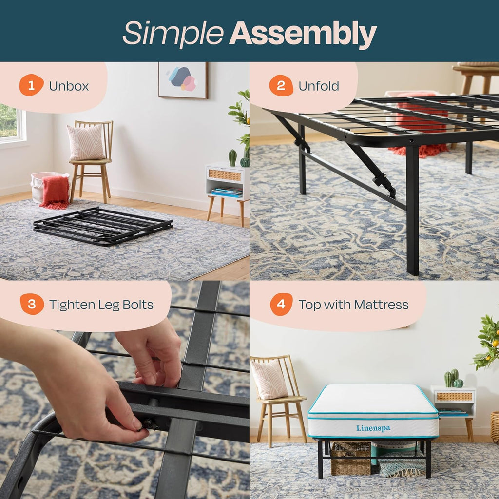 Linenspa Folding Metal Platform Bed Frame - No Box Spring Needed - Underbed Storage - Simple Toolless Assembly - Mattress Foundation - 14" High - Traditional Design - Sturdy Steel - Twin Size