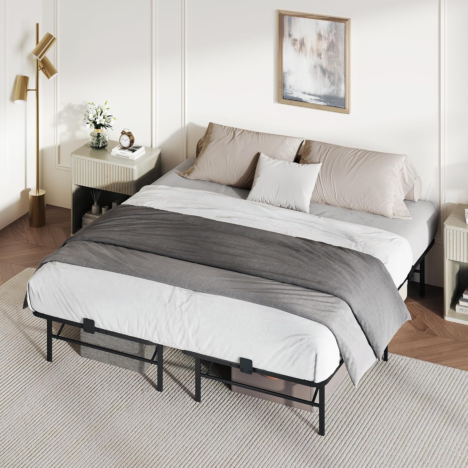 WLIVE Foldable Queen Bed Frames, Metal Platform Bed Frame Queen Size with Heavy Duty Steel Slats, No Box Spring Needed, Easy Assembly, No Noise, Black