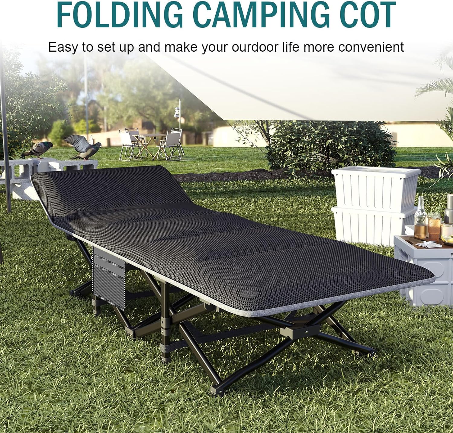 Camping Cot for Adults, Folding Bed with Comfortable Cushion, Tent Portable Sleeping Bed with Carry Bag for Camp, Office Use, Outdoor, Traveling Supports 450 lbs